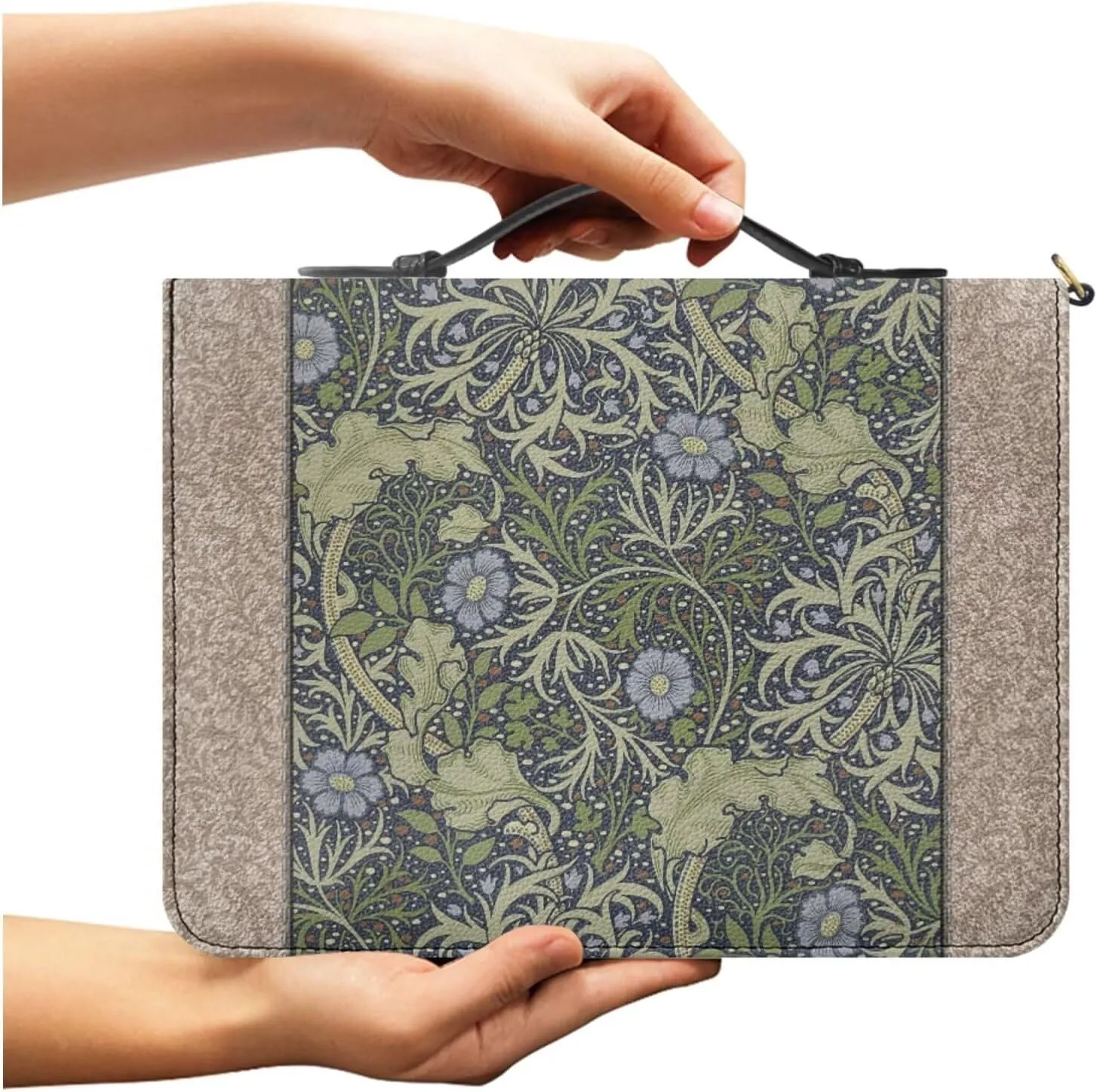 2025 PU Leather Bible Cover, Comes with 2 Leather Bookmarks, Green Bible Case with Handle, Work of William Morris Printed Bible Study for Men Supplies, Built-in Pocket Pen Slots, Waterproof