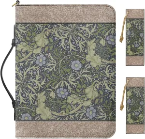 2025 PU Leather Bible Cover, Comes with 2 Leather Bookmarks, Green Bible Case with Handle, Work of William Morris Printed Bible Study for Men Supplies, Built-in Pocket Pen Slots, Waterproof