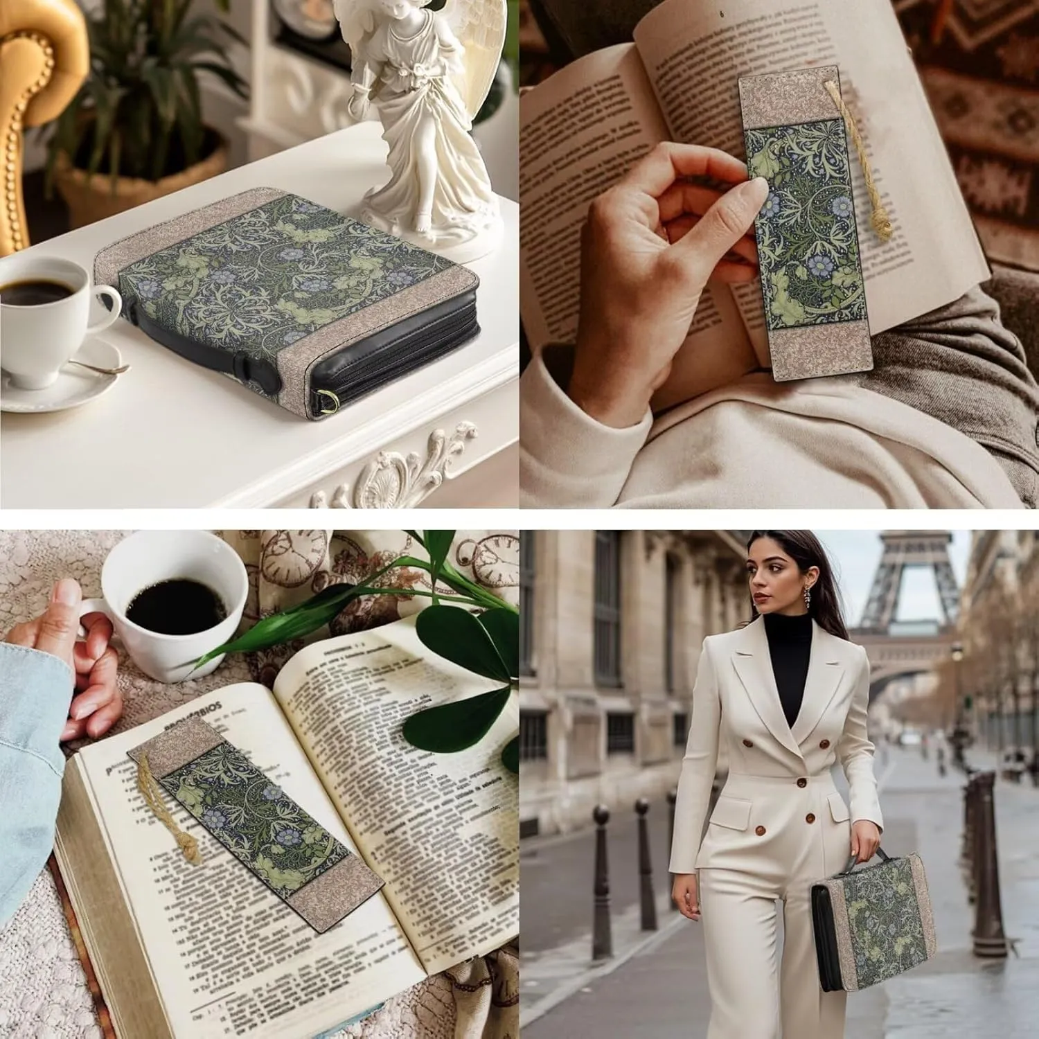 2025 PU Leather Bible Cover, Comes with 2 Leather Bookmarks, Green Bible Case with Handle, Work of William Morris Printed Bible Study for Men Supplies, Built-in Pocket Pen Slots, Waterproof