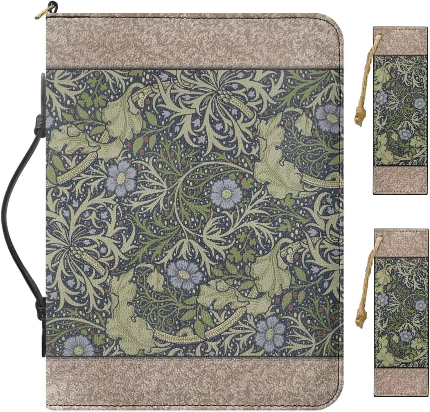 2025 PU Leather Bible Cover, Comes with 2 Leather Bookmarks, Green Bible Case with Handle, Work of William Morris Printed Bible Study for Men Supplies, Built-in Pocket Pen Slots, Waterproof