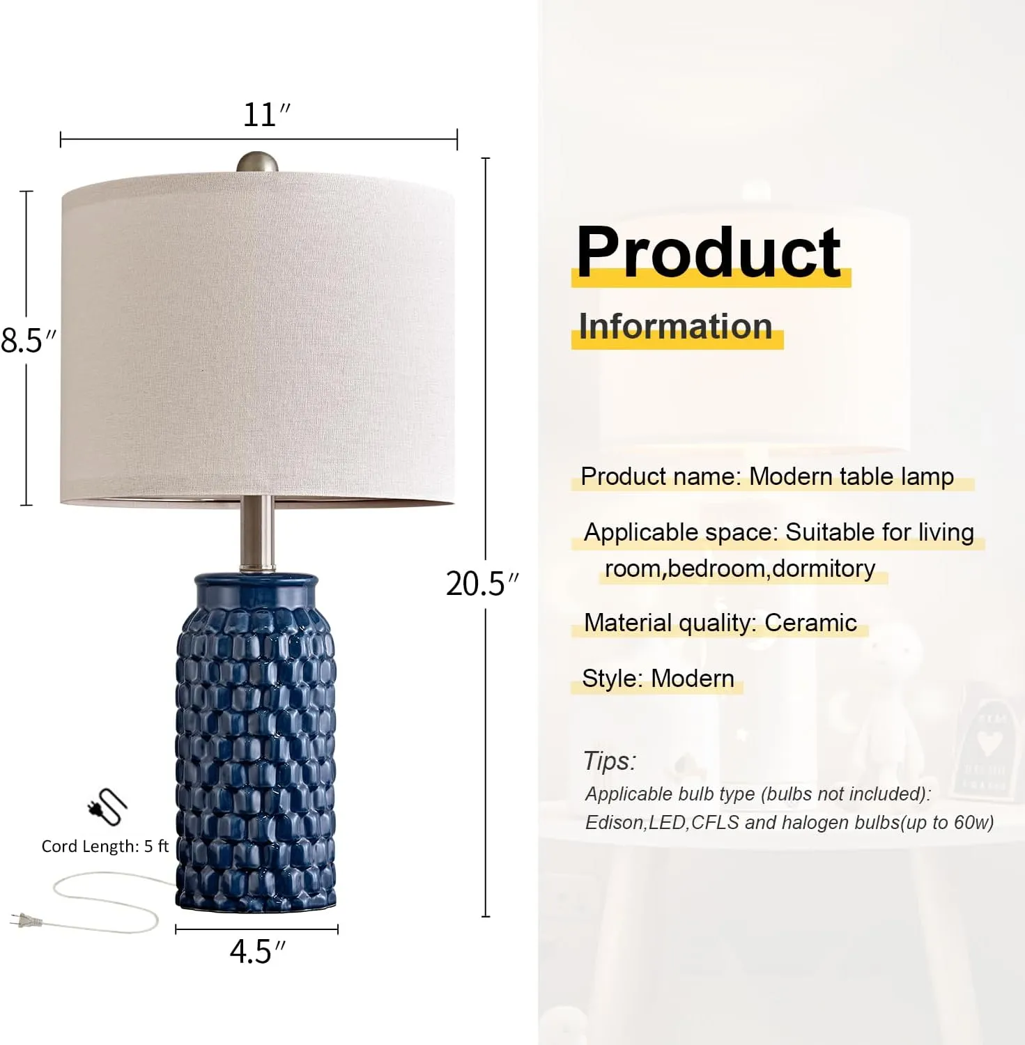 20.5 inches Modern Ceramic Dark Blue Bedside Lamp Set of 2 for Bedroom Decor Farmhouse Table Lamp for Living Room Office Dorm