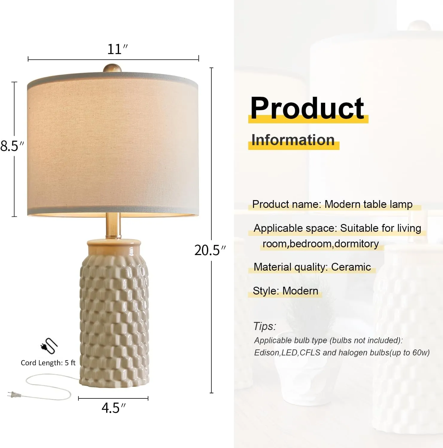 20.5" Modern Ceramic Bedside Lamp Set of 2 for Bedroom Decor Farmhouse Table Lamp for Living Room Office Dorm