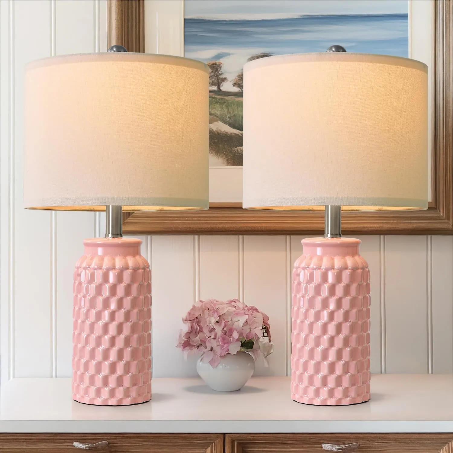 20.5" Pink Table Lamps Set of 2,Modern Farmhouse Bedside Lamps - Ceramic Nightstand Lamps for Bedroom,Boho Living Room End Tables,Small Office Desk Lamp