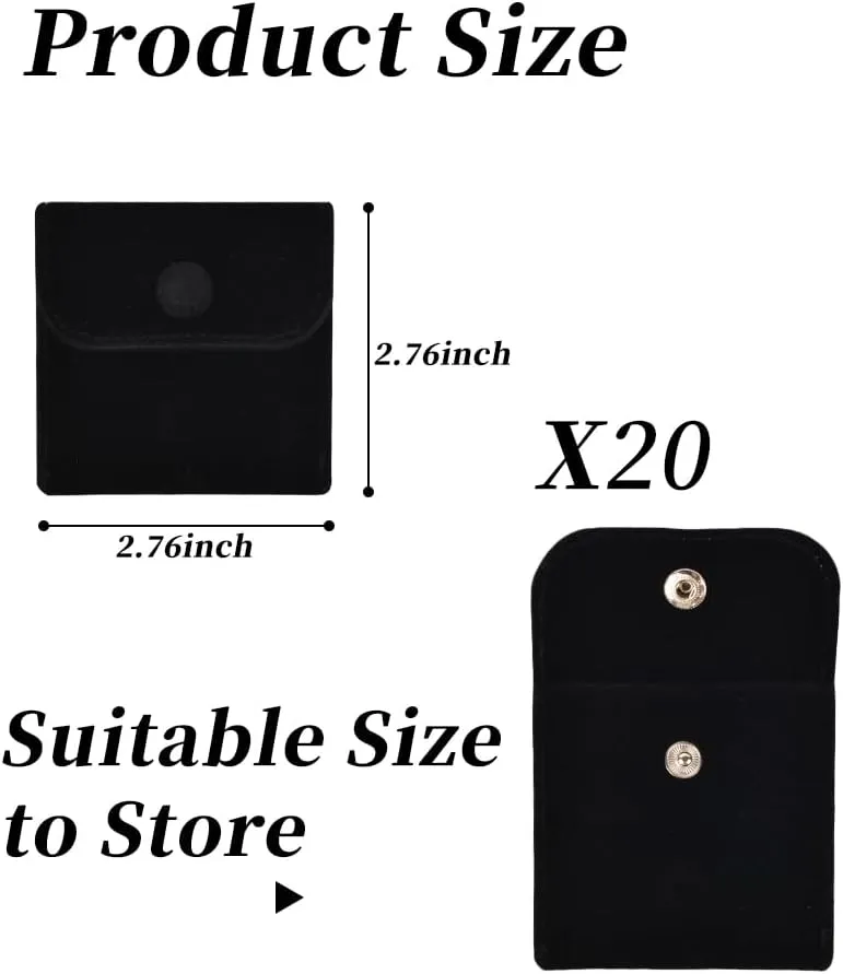 20PCS Velvet Jewelry Pouches with Snap Button, Small Microfiber Velvet Jewelry Bag for Storing Ring Bracelets Necklaces Earring(Black)