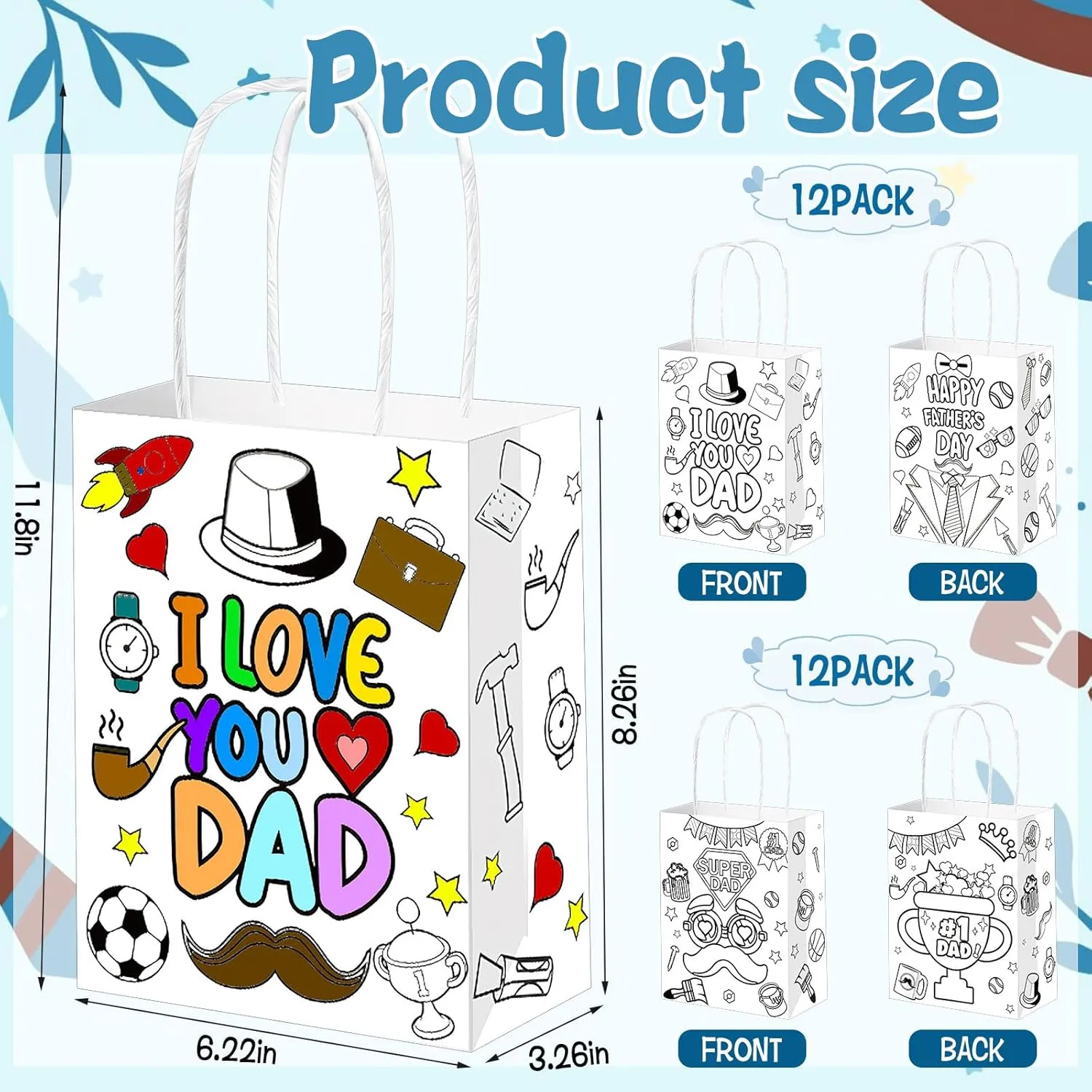 24 Pcs Fathers Day Coloring Bags, Color Your Own Fathers Day Paper Gift Bag in DIY Crafts Paper Bag with Handle for Fathers Day Best Dad Birthday Party School Home Activities