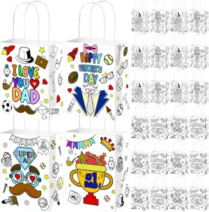 24 Pcs Fathers Day Coloring Bags, Color Your Own Fathers Day Paper Gift Bag in DIY Crafts Paper Bag with Handle for Fathers Day Best Dad Birthday Party School Home Activities