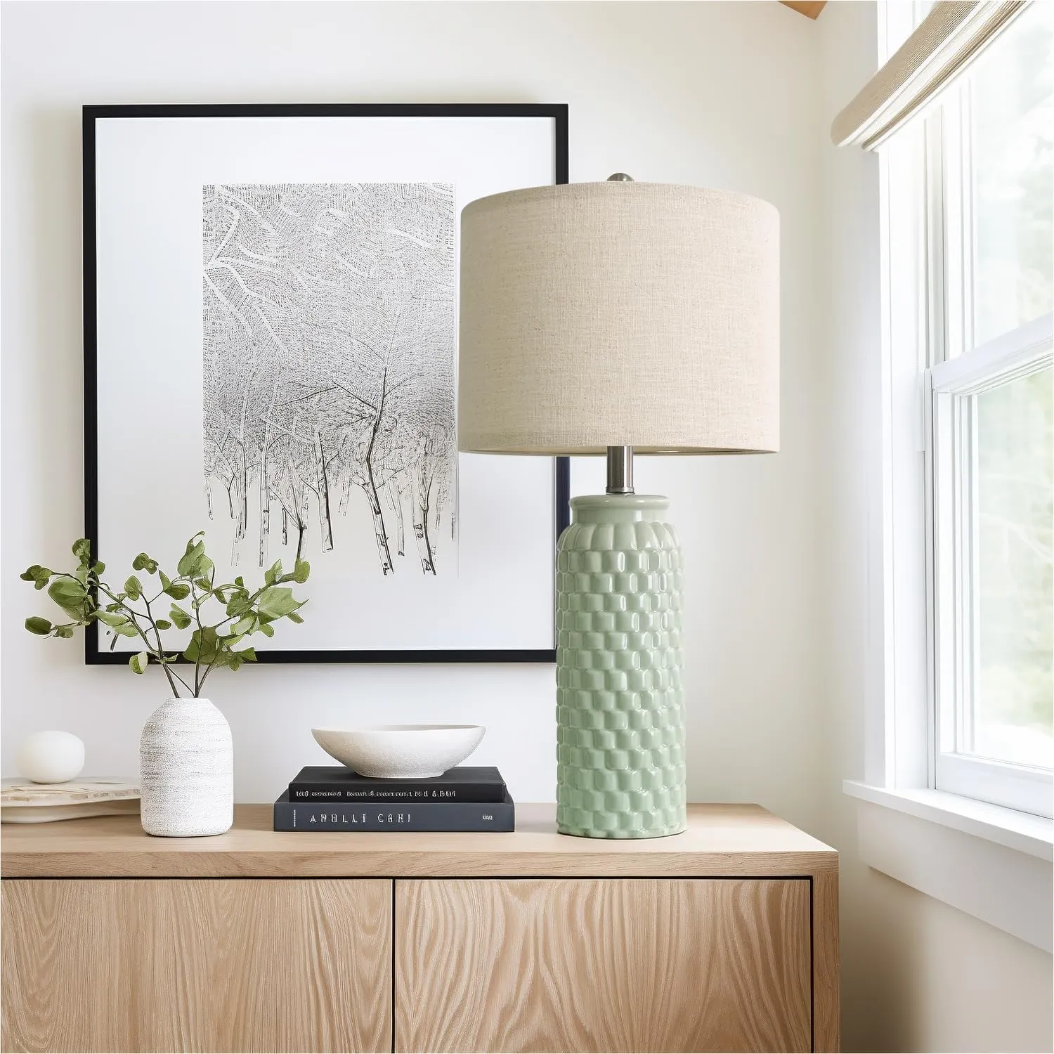 24" Modern Ceramic Green Bedside Lamp Set of 2 Table Lamp for Bedroom Decor Farmhouse Table Lamp for Living Room Office Dorm
