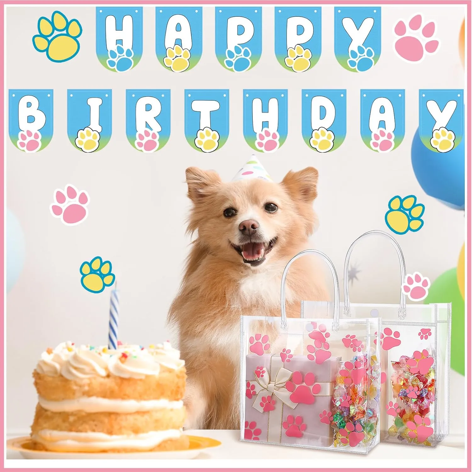 25 Packs Dog Paw Clear PVC Gift Bags with Handle Reusable Plastic Wrap Tote Bags Dog Gift Bag Transparent Pet Treat Bag for Puppy Pet Wedding Birthday Blue Party Favor 8 x 8 x 3.15 Inch (Pink)