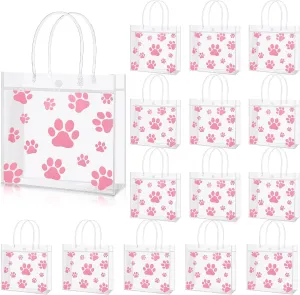25 Packs Dog Paw Clear PVC Gift Bags with Handle Reusable Plastic Wrap Tote Bags Dog Gift Bag Transparent Pet Treat Bag for Puppy Pet Wedding Birthday Blue Party Favor 8 x 8 x 3.15 Inch (Pink)