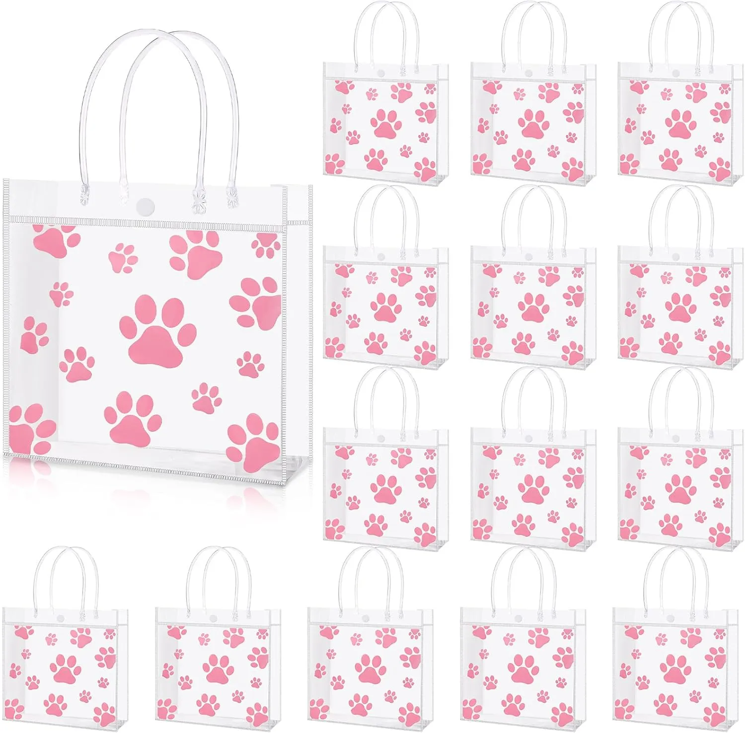25 Packs Dog Paw Clear PVC Gift Bags with Handle Reusable Plastic Wrap Tote Bags Dog Gift Bag Transparent Pet Treat Bag for Puppy Pet Wedding Birthday Blue Party Favor 8 x 8 x 3.15 Inch (Pink)