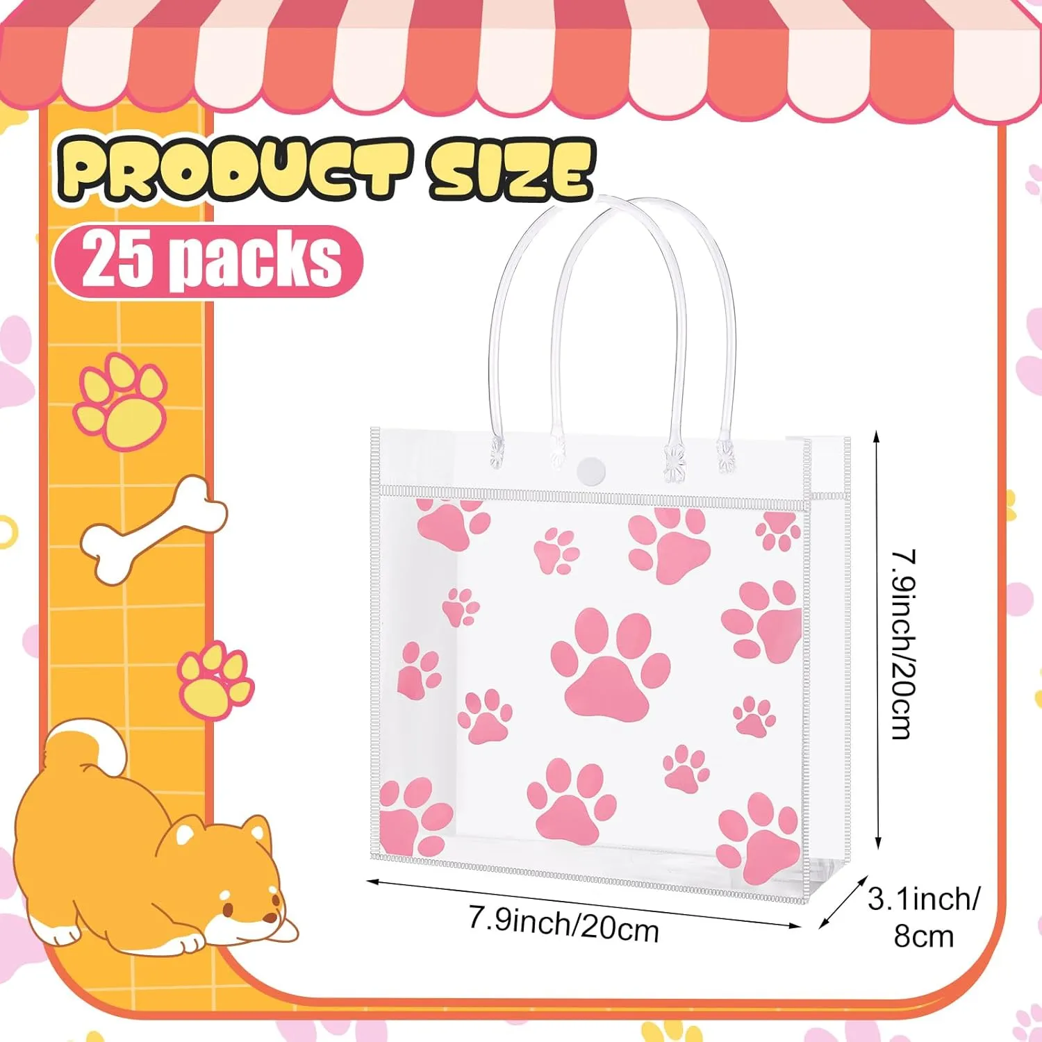 25 Packs Dog Paw Clear PVC Gift Bags with Handle Reusable Plastic Wrap Tote Bags Dog Gift Bag Transparent Pet Treat Bag for Puppy Pet Wedding Birthday Blue Party Favor 8 x 8 x 3.15 Inch (Pink)