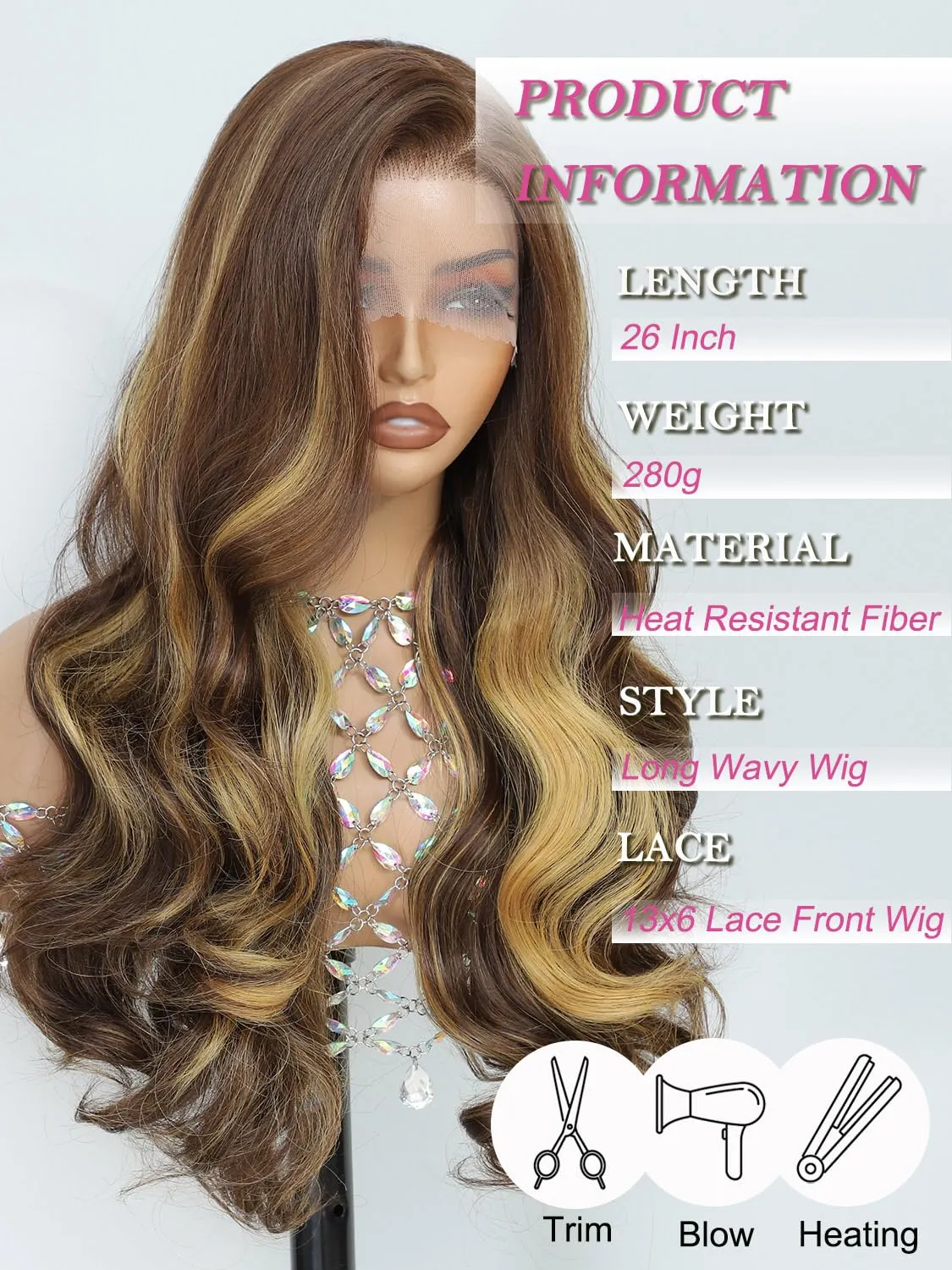 26 Inches Highlight Synthetic Lace Front Wig, 13x6 Hd Lace Front Pre Plucked Hairline with Baby Hair, Heat Resistant Long Wavy Synthetic Wigs for Black Women