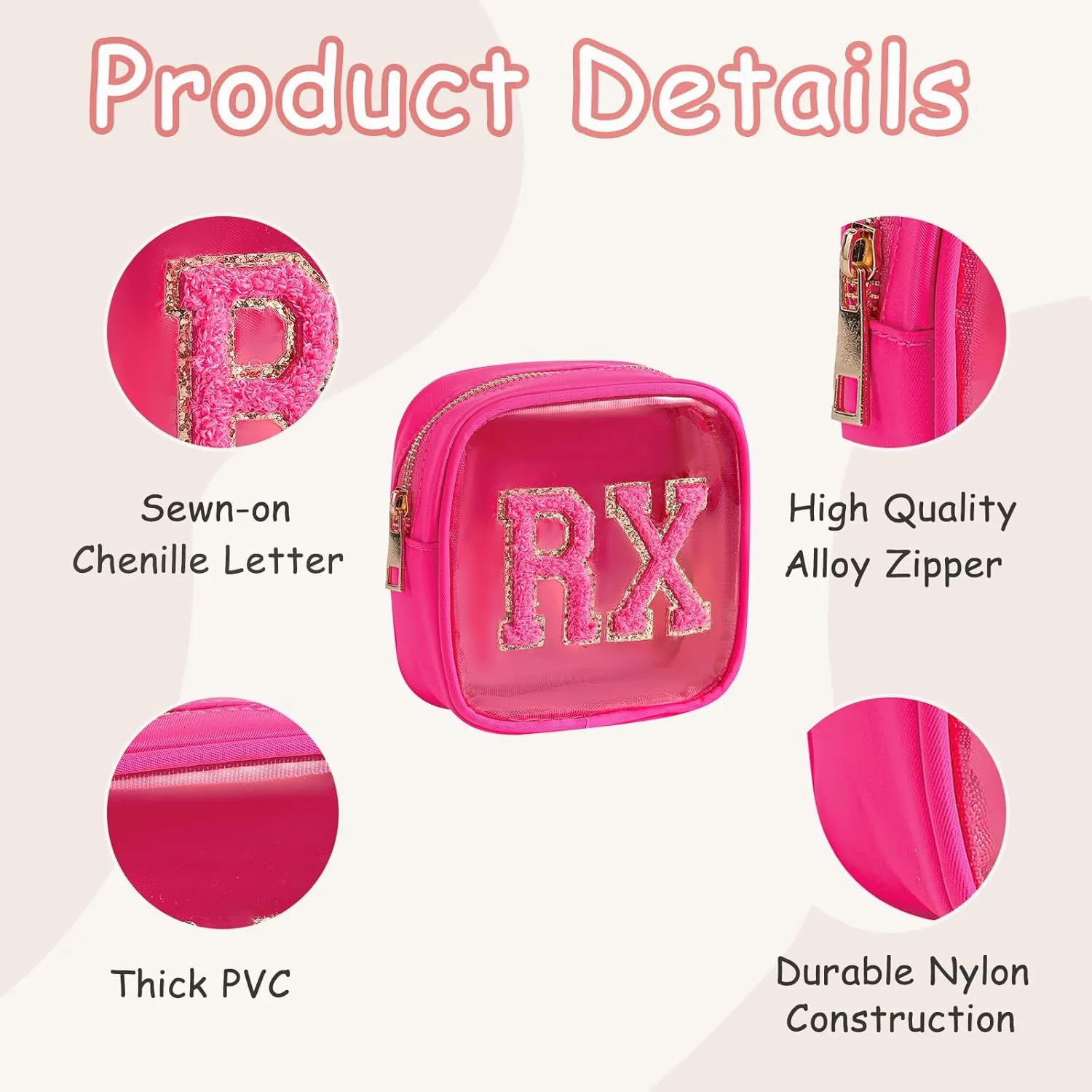 2Pcs Large Chenille Letter Clear Medicine Makeup Bag Set,Nylon PVC Waterproof Rx Meds Pouch with Metal Zipper, Cute Drug First Aid Travel Organizer for Women Girls(2pcs Hot Pink)