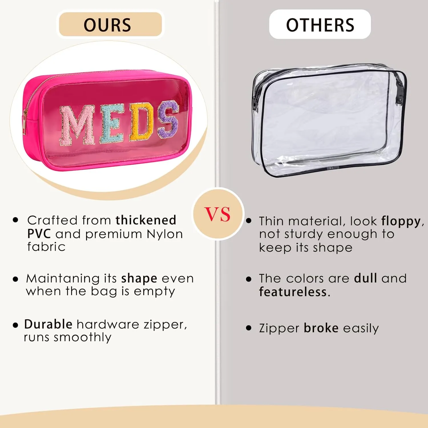 2Pcs Large Chenille Letter Clear Medicine Makeup Bag Set,Nylon PVC Waterproof Rx Meds Pouch with Metal Zipper, Cute Drug First Aid Travel Organizer for Women Girls(2pcs Hot Pink)