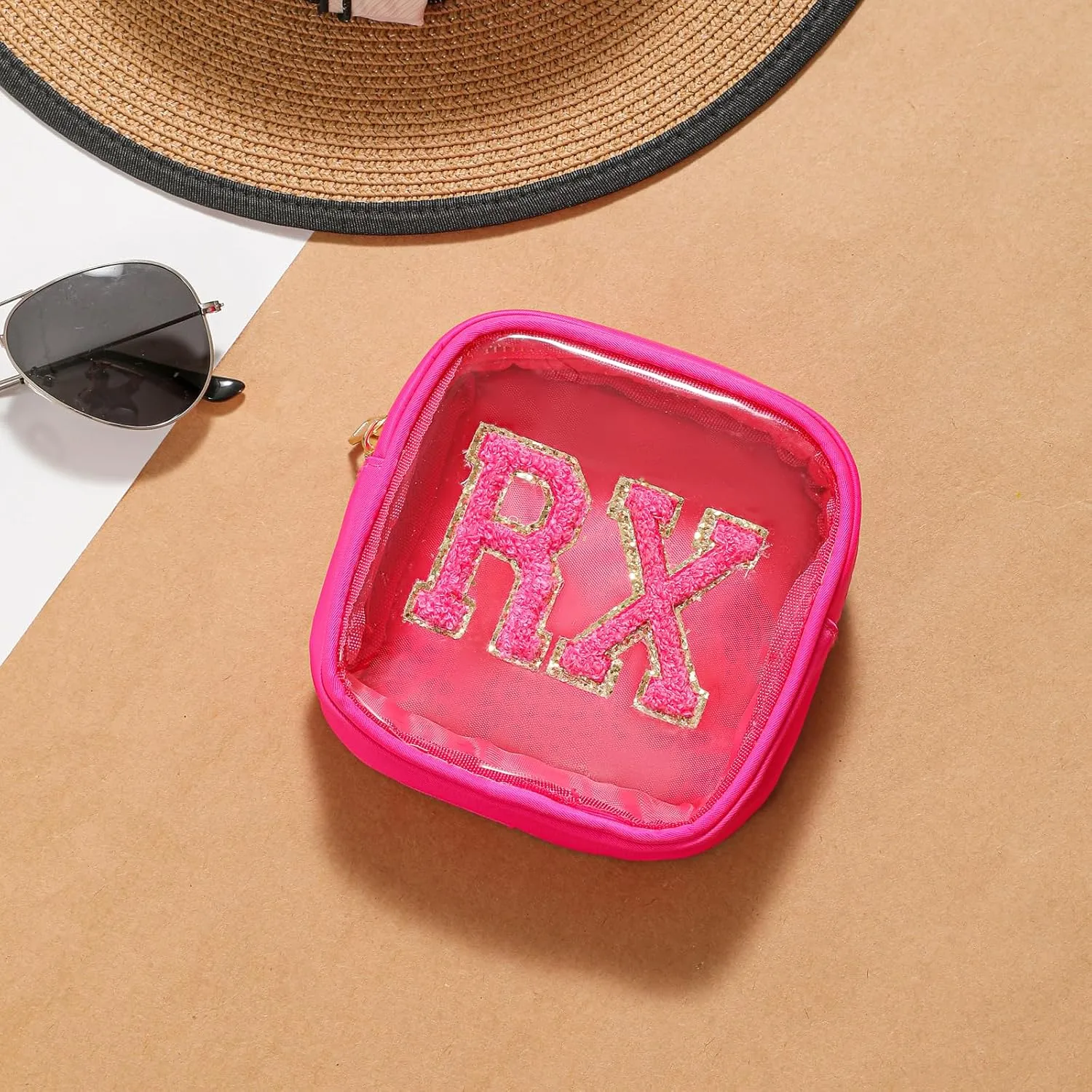 2Pcs Large Chenille Letter Clear Medicine Makeup Bag Set,Nylon PVC Waterproof Rx Meds Pouch with Metal Zipper, Cute Drug First Aid Travel Organizer for Women Girls(2pcs Hot Pink)