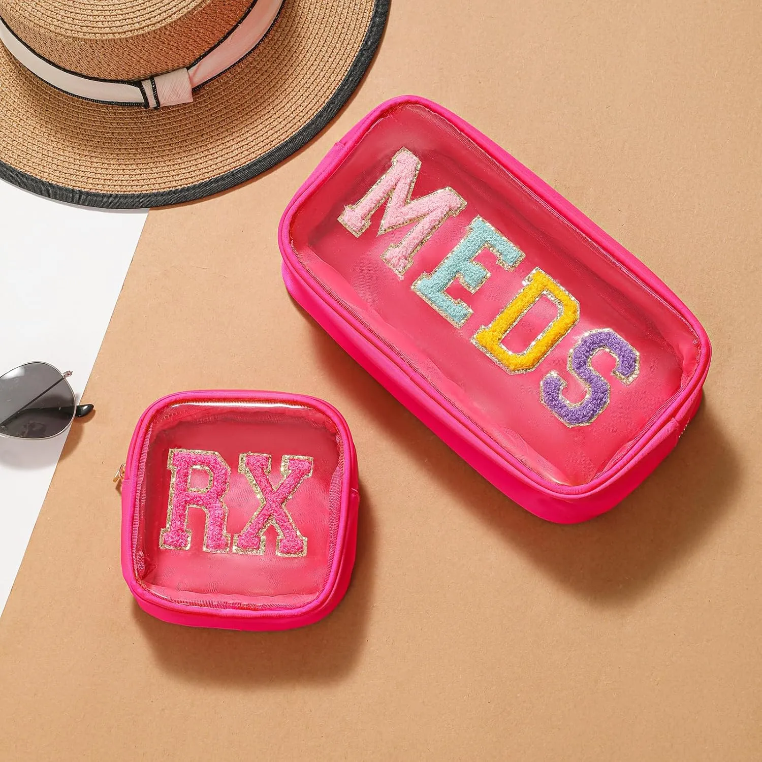 2Pcs Large Chenille Letter Clear Medicine Makeup Bag Set,Nylon PVC Waterproof Rx Meds Pouch with Metal Zipper, Cute Drug First Aid Travel Organizer for Women Girls(2pcs Hot Pink)