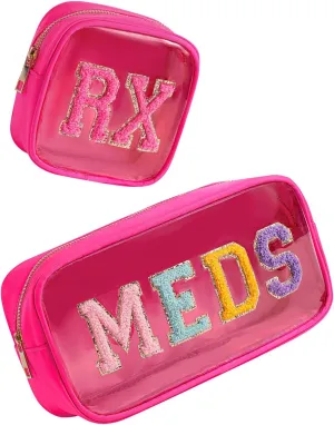 2Pcs Large Chenille Letter Clear Medicine Makeup Bag Set,Nylon PVC Waterproof Rx Meds Pouch with Metal Zipper, Cute Drug First Aid Travel Organizer for Women Girls(2pcs Hot Pink)