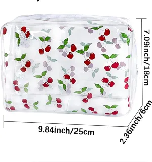 2PCS Red Cherry Transparent PVC Cosmetic Bag, Portable Waterproof Storage Bag for Girls' Cosmetics and Toiletries. (Cherry printing L-2pcs)