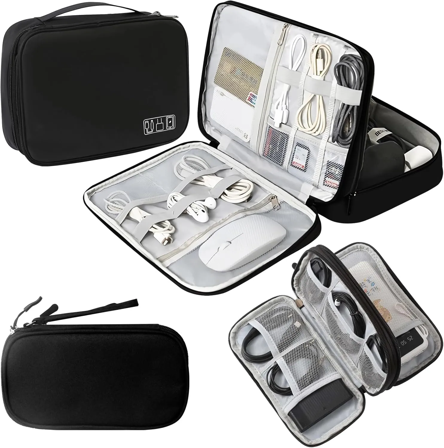 2PCS Travel Cable Organizer, Double and Triple Layers Travel Cable Organizer，water Resistant Small & Large Travel Makeup Bag Travel Accessories for Charger(7.5" X 4.3" & 10.5" X 7.75")