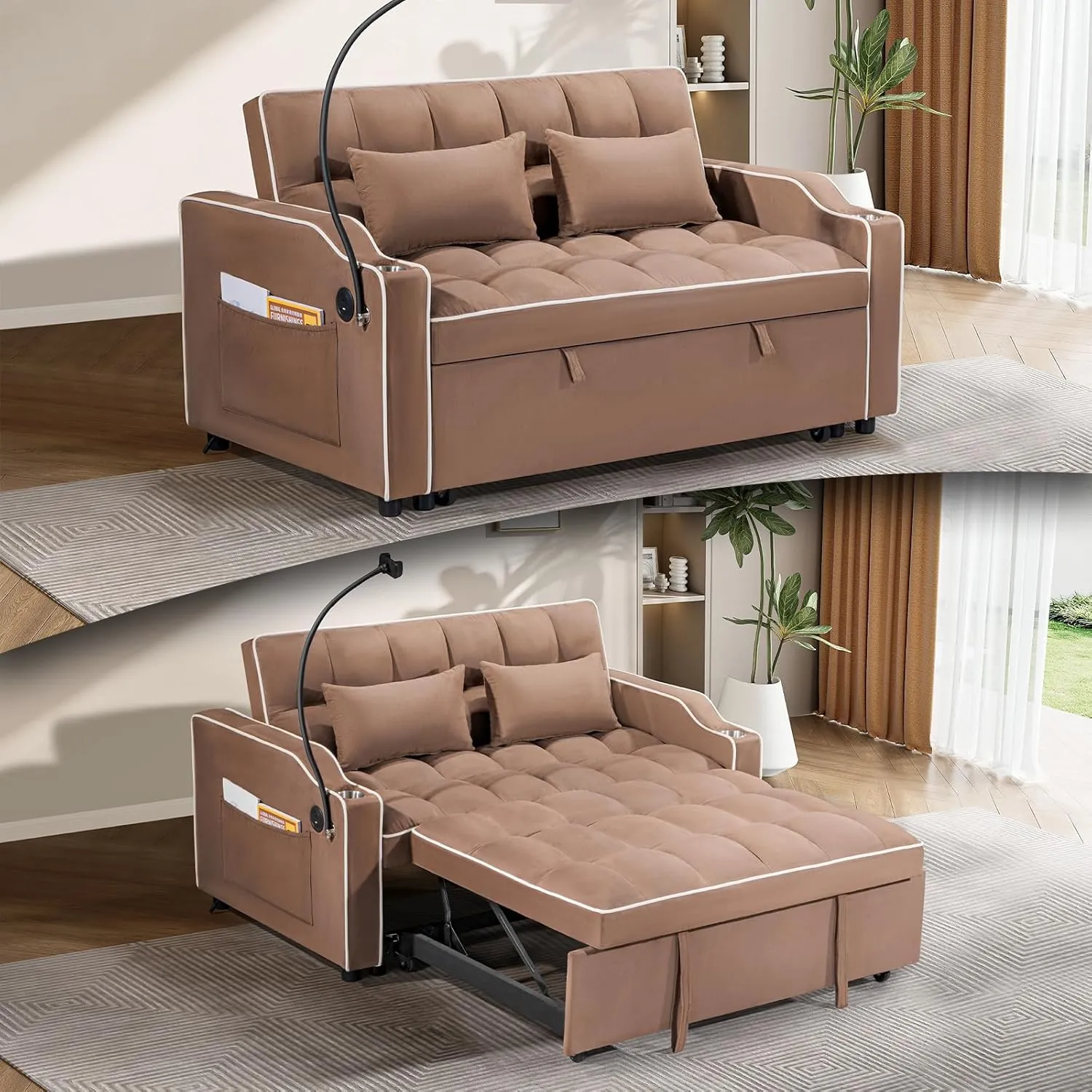 3 in 1 Convertible Sleeper Futon Sofa Bed, 55" Velvet Small Loveseat Lounge Couches with 2 Pillows, Reclining Backrest, Phone Holder & Side Pockets for Living Room, Pull-Out Couch, Brown