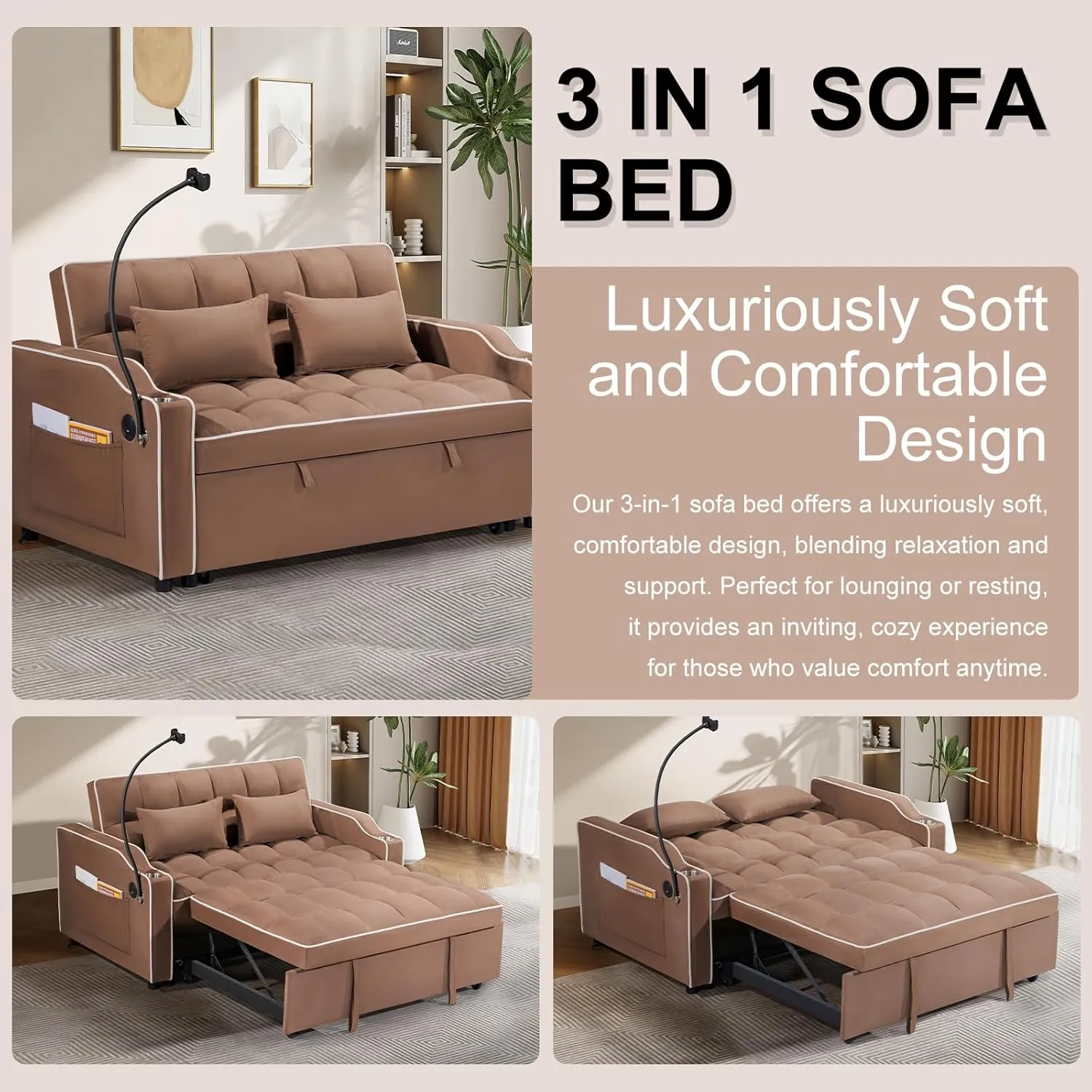 3 in 1 Convertible Sleeper Futon Sofa Bed, 55" Velvet Small Loveseat Lounge Couches with 2 Pillows, Reclining Backrest, Phone Holder & Side Pockets for Living Room, Pull-Out Couch, Brown
