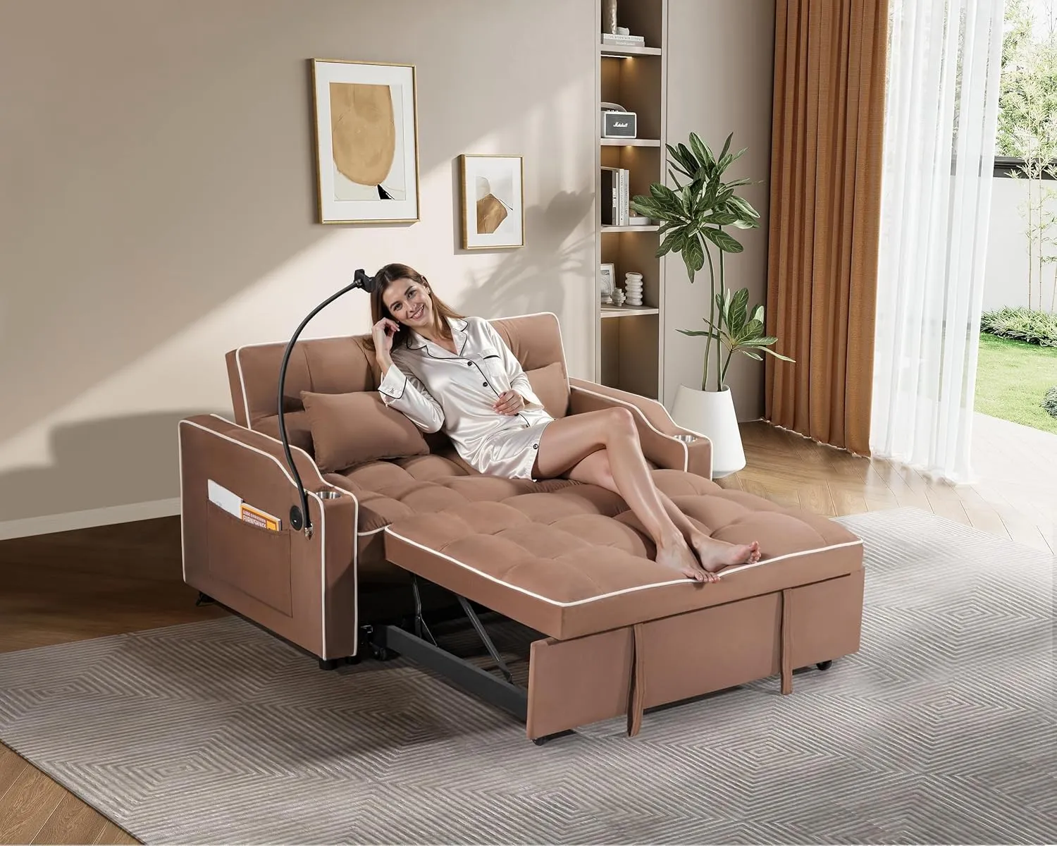 3 in 1 Convertible Sleeper Futon Sofa Bed, 55" Velvet Small Loveseat Lounge Couches with 2 Pillows, Reclining Backrest, Phone Holder & Side Pockets for Living Room, Pull-Out Couch, Brown