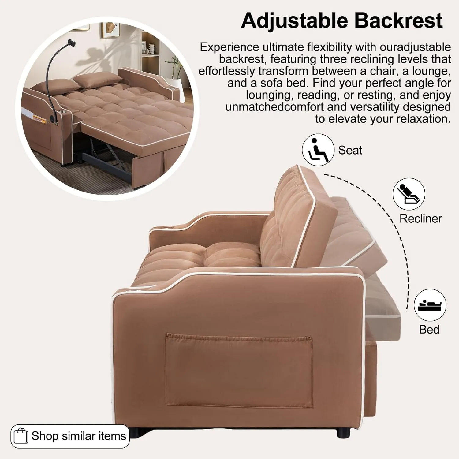 3 in 1 Convertible Sleeper Futon Sofa Bed, 55" Velvet Small Loveseat Lounge Couches with 2 Pillows, Reclining Backrest, Phone Holder & Side Pockets for Living Room, Pull-Out Couch, Brown