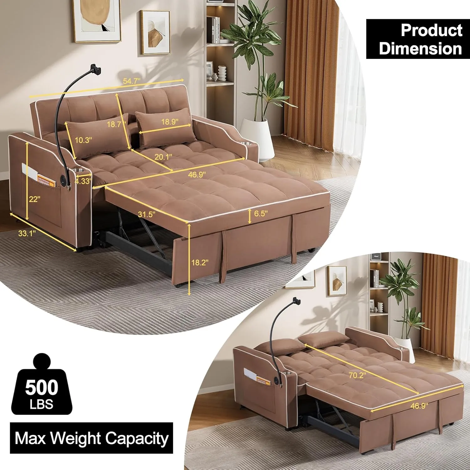 3 in 1 Convertible Sleeper Futon Sofa Bed, 55" Velvet Small Loveseat Lounge Couches with 2 Pillows, Reclining Backrest, Phone Holder & Side Pockets for Living Room, Pull-Out Couch, Brown