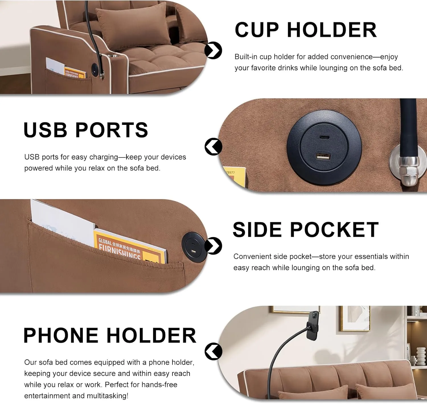 3 in 1 Convertible Sleeper Futon Sofa Bed, 55" Velvet Small Loveseat Lounge Couches with 2 Pillows, Reclining Backrest, Phone Holder & Side Pockets for Living Room, Pull-Out Couch, Brown