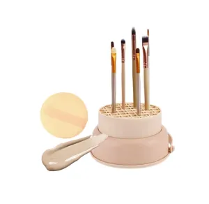 3 in 1 silicone Makeup brush cleaning pad brush cleaning bowl Makeup brush cleaner Makeup brush cleaner tool for storage cleaning and upside-down drying (with a powder puff) (apricot)