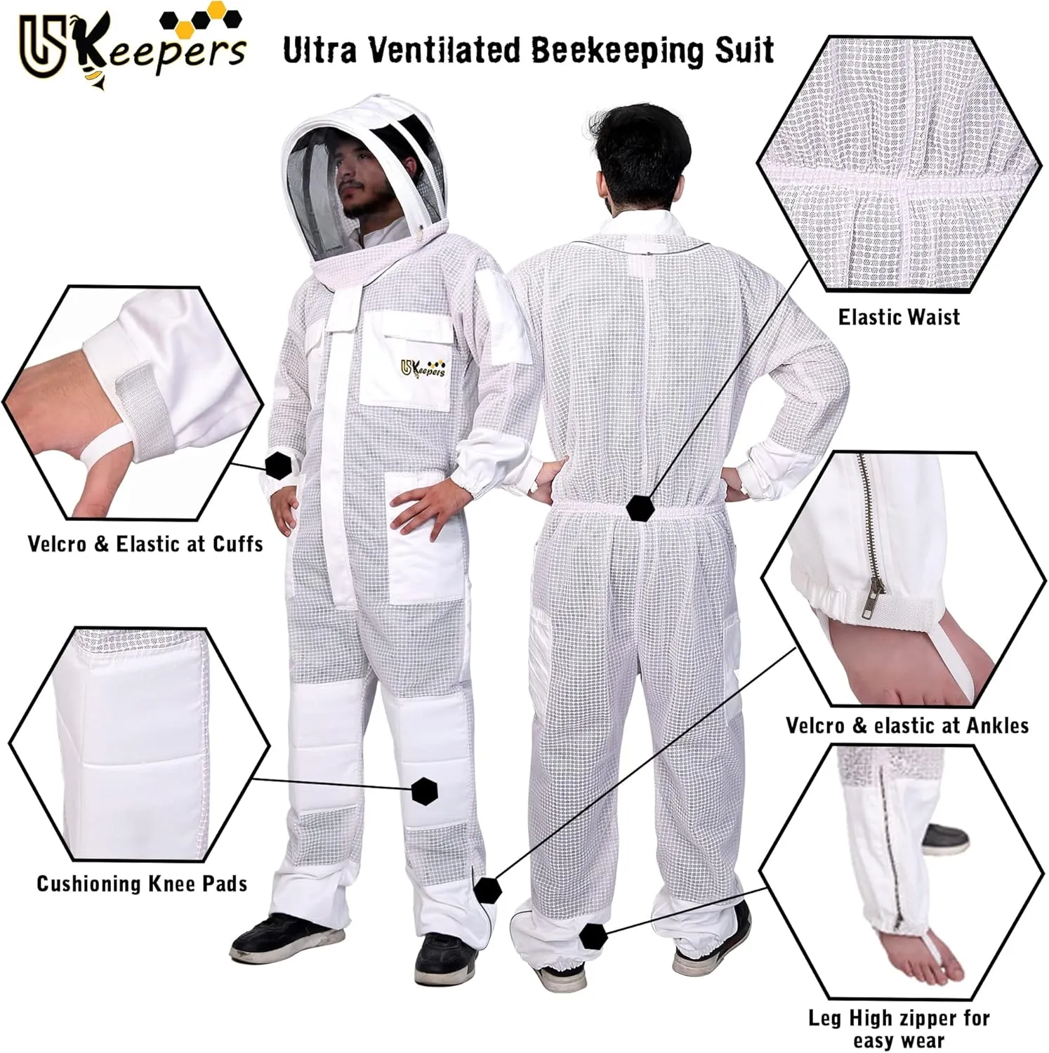 3-Layer Ultra Ventilated Bee Suit for Men & Women – Premium Beekeeping Suit with Bee Gloves & Two Detachable Beekeeping Veils (White M)