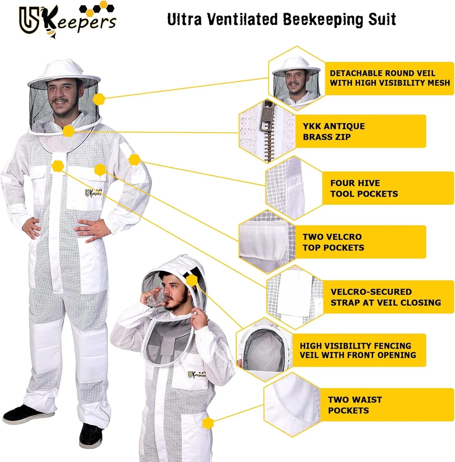 3-Layer Ultra Ventilated Bee Suit for Men & Women – Premium Beekeeping Suit with Bee Gloves & Two Detachable Beekeeping Veils (White M)
