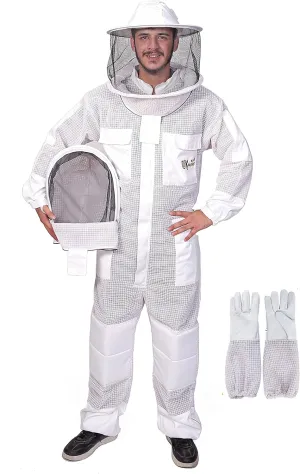 3-Layer Ultra Ventilated Bee Suit for Men & Women – Premium Beekeeping Suit with Bee Gloves & Two Detachable Beekeeping Veils (White M)