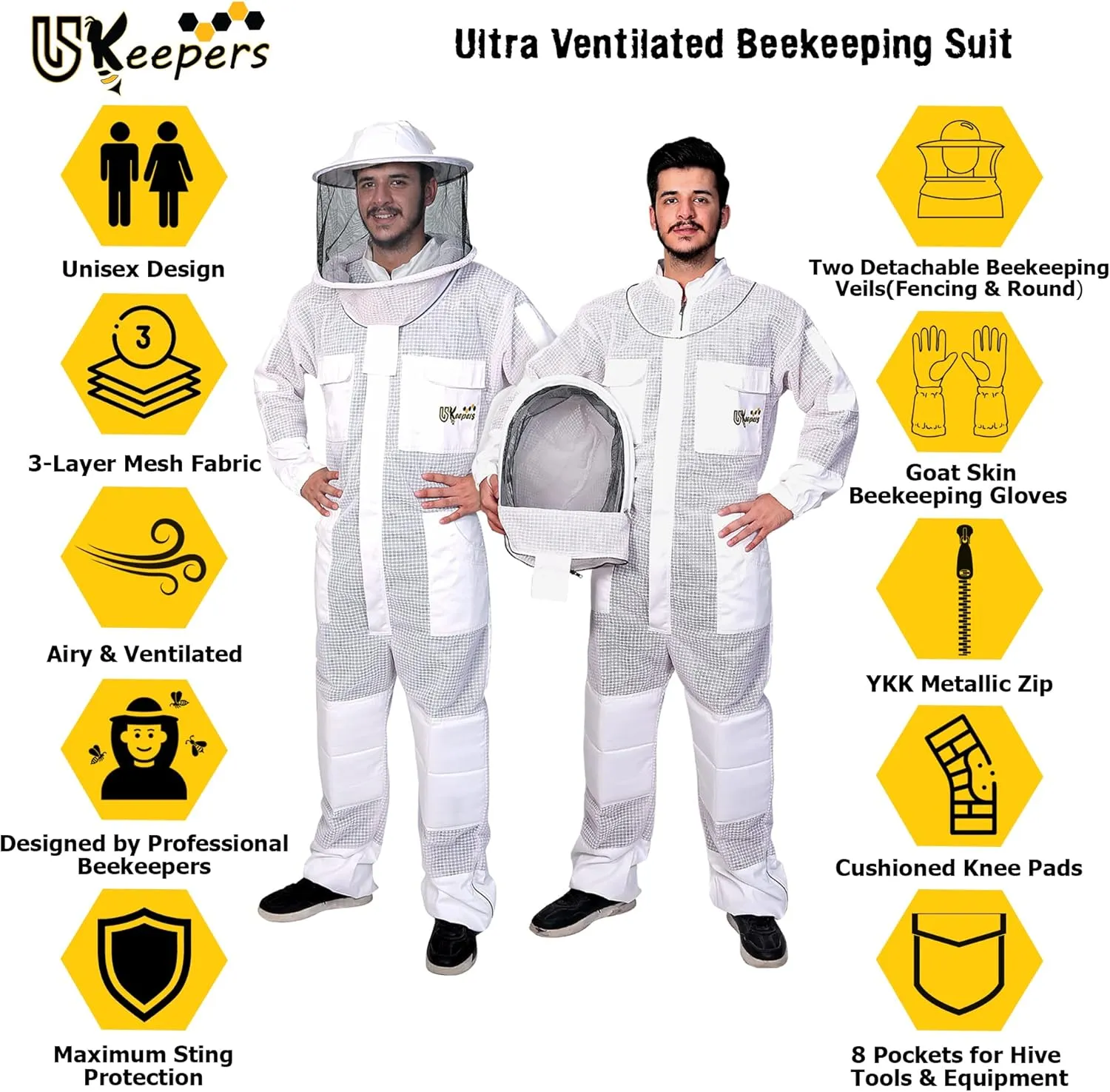 3-Layer Ultra Ventilated Bee Suit for Men & Women – Premium Beekeeping Suit with Bee Gloves & Two Detachable Beekeeping Veils (White M)