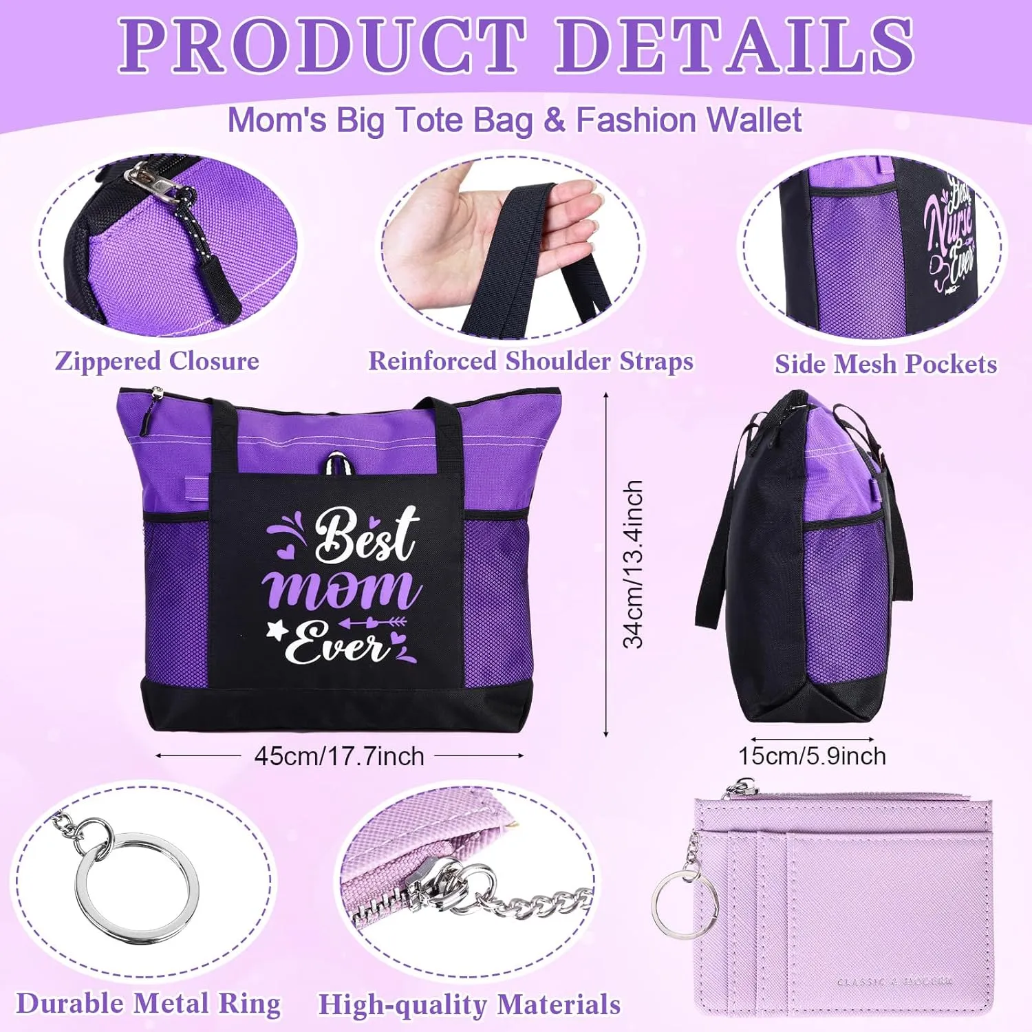 3 Pcs Gifts for Mom from Daughter Son Best Mom Ever Zippered Tote Bag