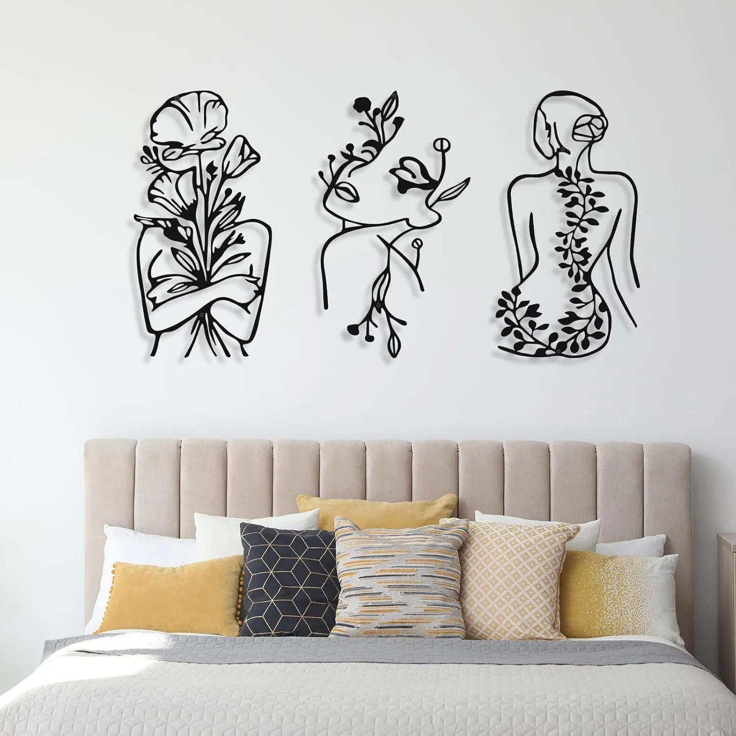 3 Pcs Metal Wall Art Decor Minimalist Abstract Woman Wall Art Metal Modern Line Drawing Decor Female Single Line Home Hanging for Bedroom Kitchen Bathroom Living Room(Plant)