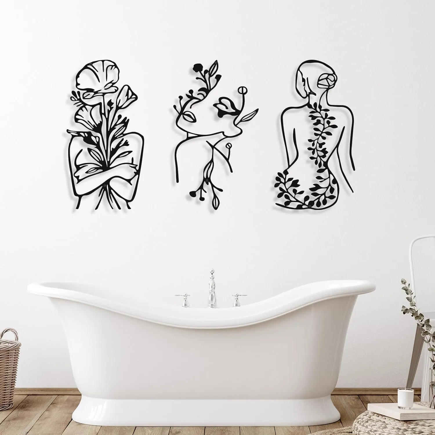 3 Pcs Metal Wall Art Decor Minimalist Abstract Woman Wall Art Metal Modern Line Drawing Decor Female Single Line Home Hanging for Bedroom Kitchen Bathroom Living Room(Plant)