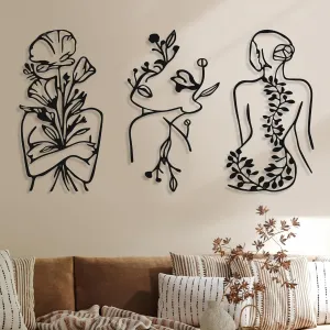 3 Pcs Metal Wall Art Decor Minimalist Abstract Woman Wall Art Metal Modern Line Drawing Decor Female Single Line Home Hanging for Bedroom Kitchen Bathroom Living Room(Plant)