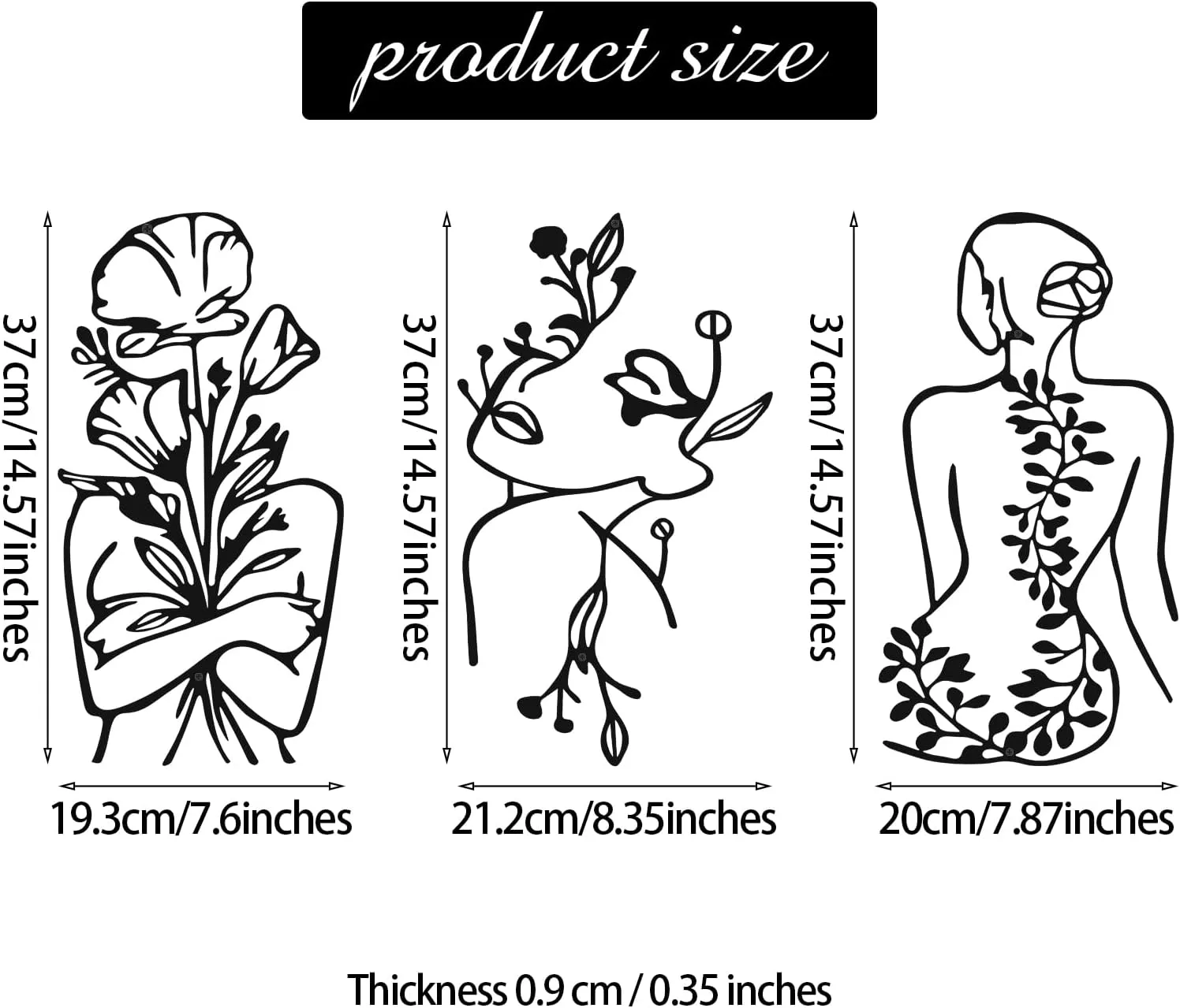 3 Pcs Metal Wall Art Decor Minimalist Abstract Woman Wall Art Metal Modern Line Drawing Decor Female Single Line Home Hanging for Bedroom Kitchen Bathroom Living Room(Plant)