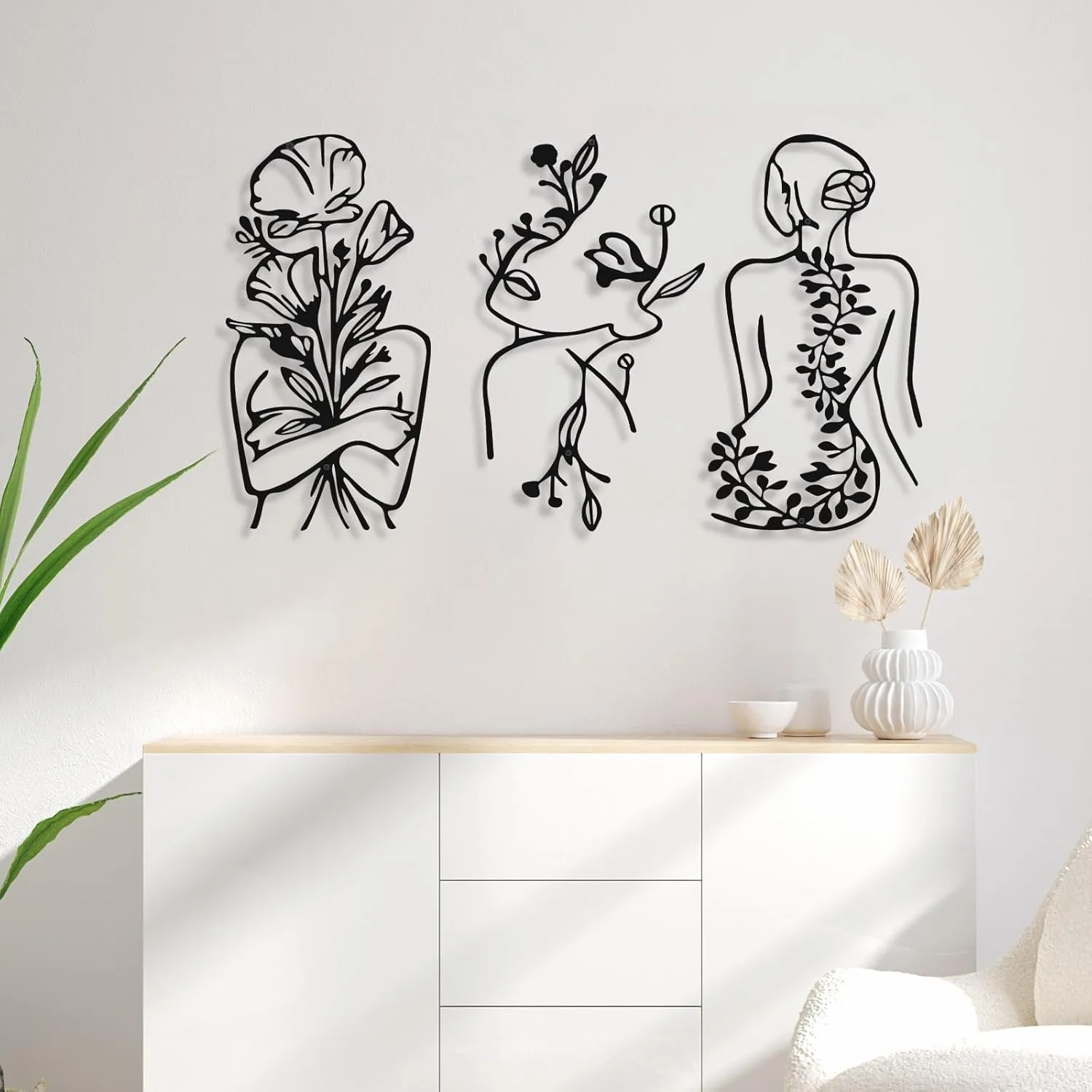 3 Pcs Metal Wall Art Decor Minimalist Abstract Woman Wall Art Metal Modern Line Drawing Decor Female Single Line Home Hanging for Bedroom Kitchen Bathroom Living Room(Plant)