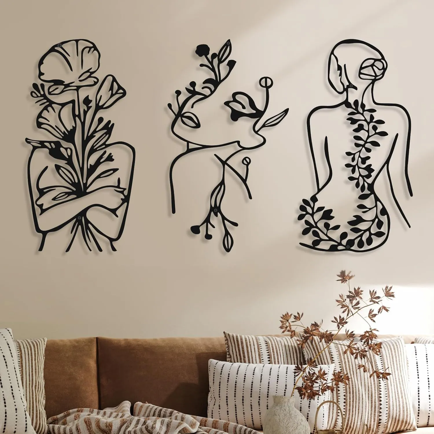 3 Pcs Metal Wall Art Decor Minimalist Abstract Woman Wall Art Metal Modern Line Drawing Decor Female Single Line Home Hanging for Bedroom Kitchen Bathroom Living Room(Plant)