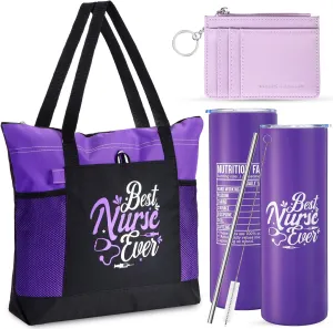 3 Pcs Nurse Gift: Zippered Tote Bag & 20oz Tumbler Cup with Lid & Credit Card Holder