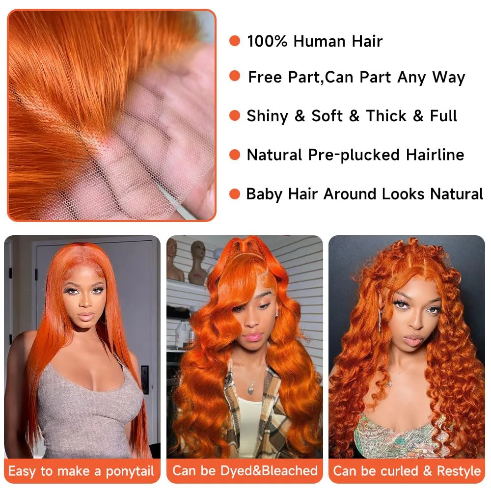 30 Inch Ginger Wig Human Hair Body Wave Pre Plucked 13x4 HD Ginger Lace Front Wigs Human Hair 200% Density Transparent Lace Frontal Colored Glueless Wigs Human Hair