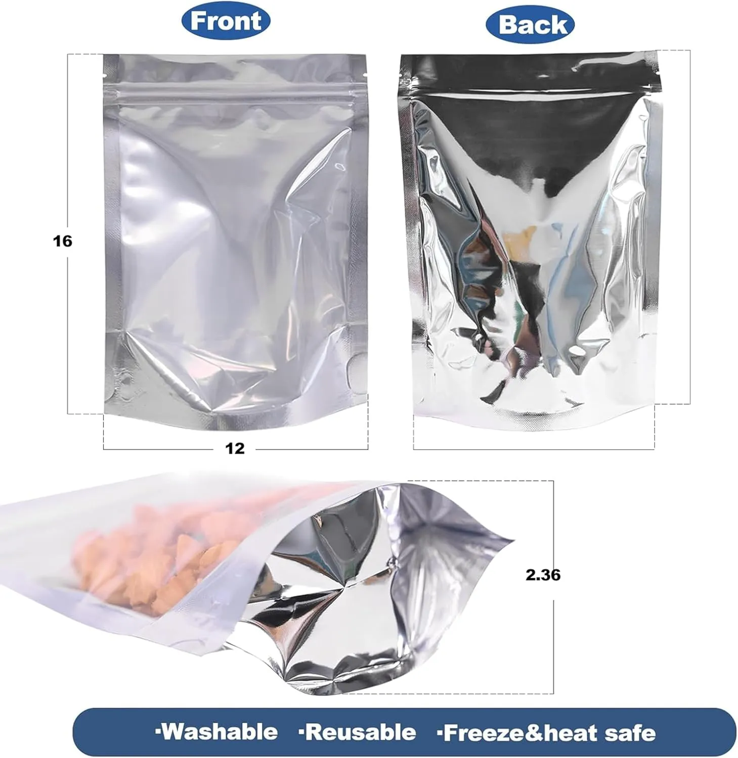 30PCS 12"X16" Mylar Bags for Food Storage with Clear Front Window,Smell Proof Stand Up Ziplock Pouch,Resealable Bags for Small Business Packaging Candy Coffee Bean Nuts Cookie Long Term
