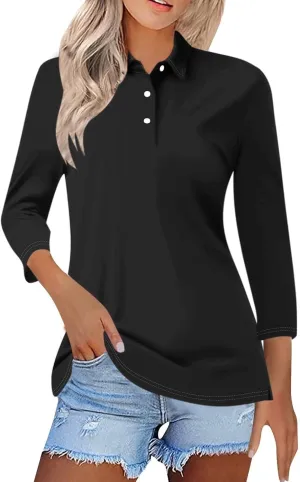 3/4 Sleeve Work Polo Shirts for Women 2024 Fall V-Neck Button-Down Pullover Top Casual Slim Fit Athletic Golf T Shirt