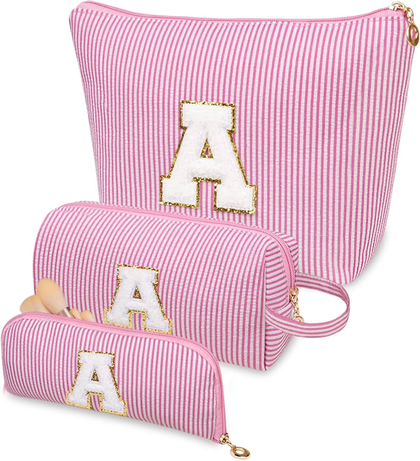 3pc Initials Makeup Bag, Personalized Pink Cosmetic Bag, Cute Large Make up Bags, Travel Toiletry Bag for Women Girl Gifts (A)