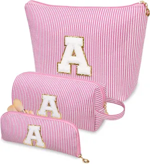 3pc Initials Makeup Bag, Personalized Pink Cosmetic Bag, Cute Large Make up Bags, Travel Toiletry Bag for Women Girl Gifts (A)