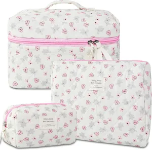3Pcs Makeup Bags for Women, Cute Makeup Organizer Bag, Quilted Cosmetic Bag Set, Travel Toiletry Bag for Women, Floral Cosmetic Bag, Make Up Organizers Bag, Womens Toiletry Bag