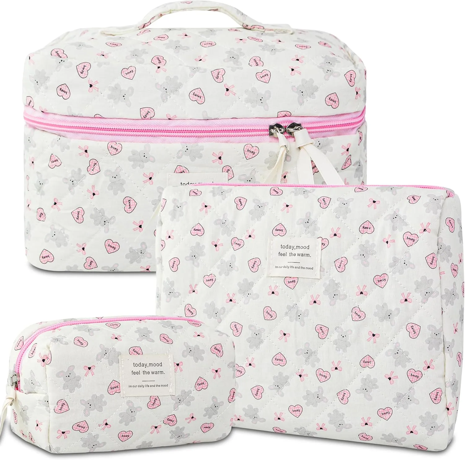 3Pcs Makeup Bags for Women, Cute Makeup Organizer Bag, Quilted Cosmetic Bag Set, Travel Toiletry Bag for Women, Floral Cosmetic Bag, Make Up Organizers Bag, Womens Toiletry Bag