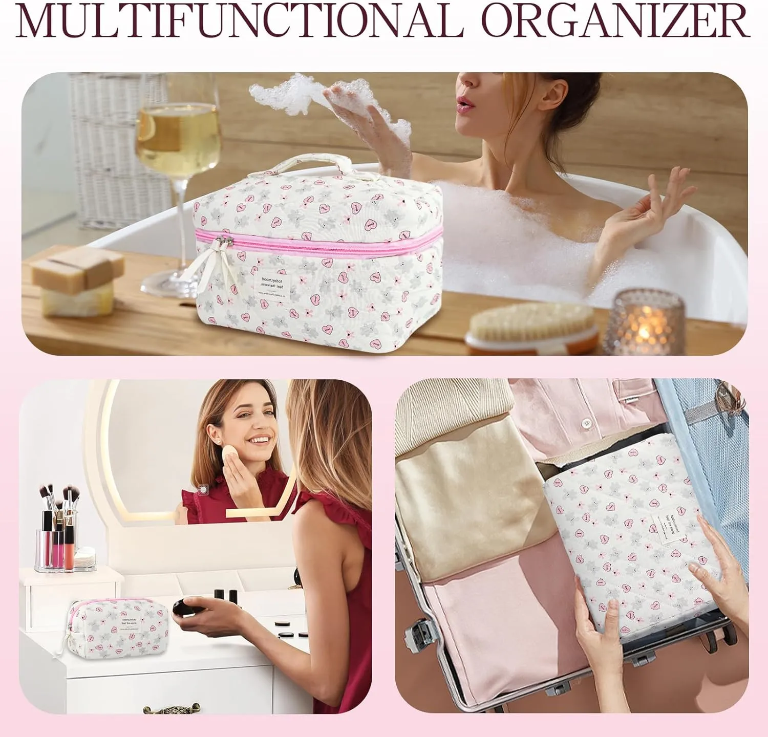 3Pcs Makeup Bags for Women, Cute Makeup Organizer Bag, Quilted Cosmetic Bag Set, Travel Toiletry Bag for Women, Floral Cosmetic Bag, Make Up Organizers Bag, Womens Toiletry Bag